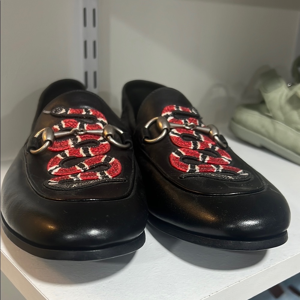 Gucci Black and Red Leather Snake Loafers